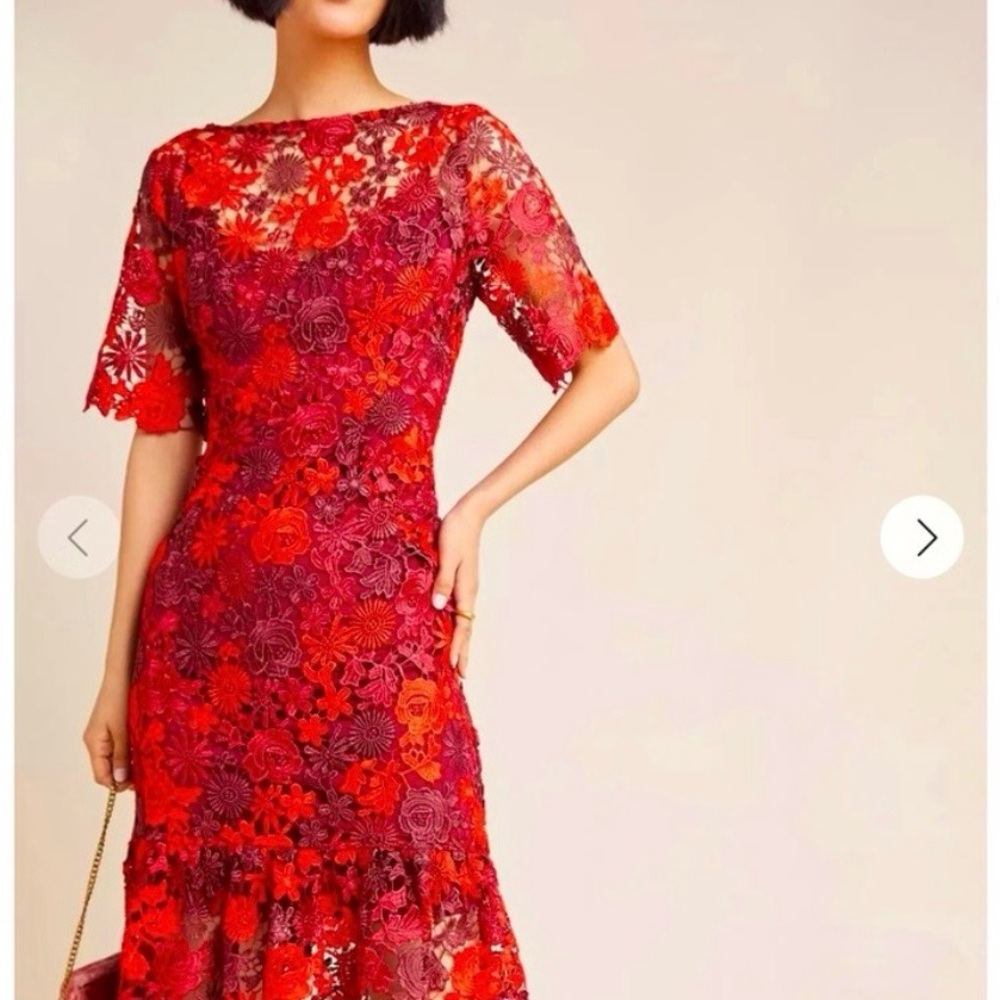 Eva Franco Brigitte Embroidered Red and Purple Floral Lace Midi Dress